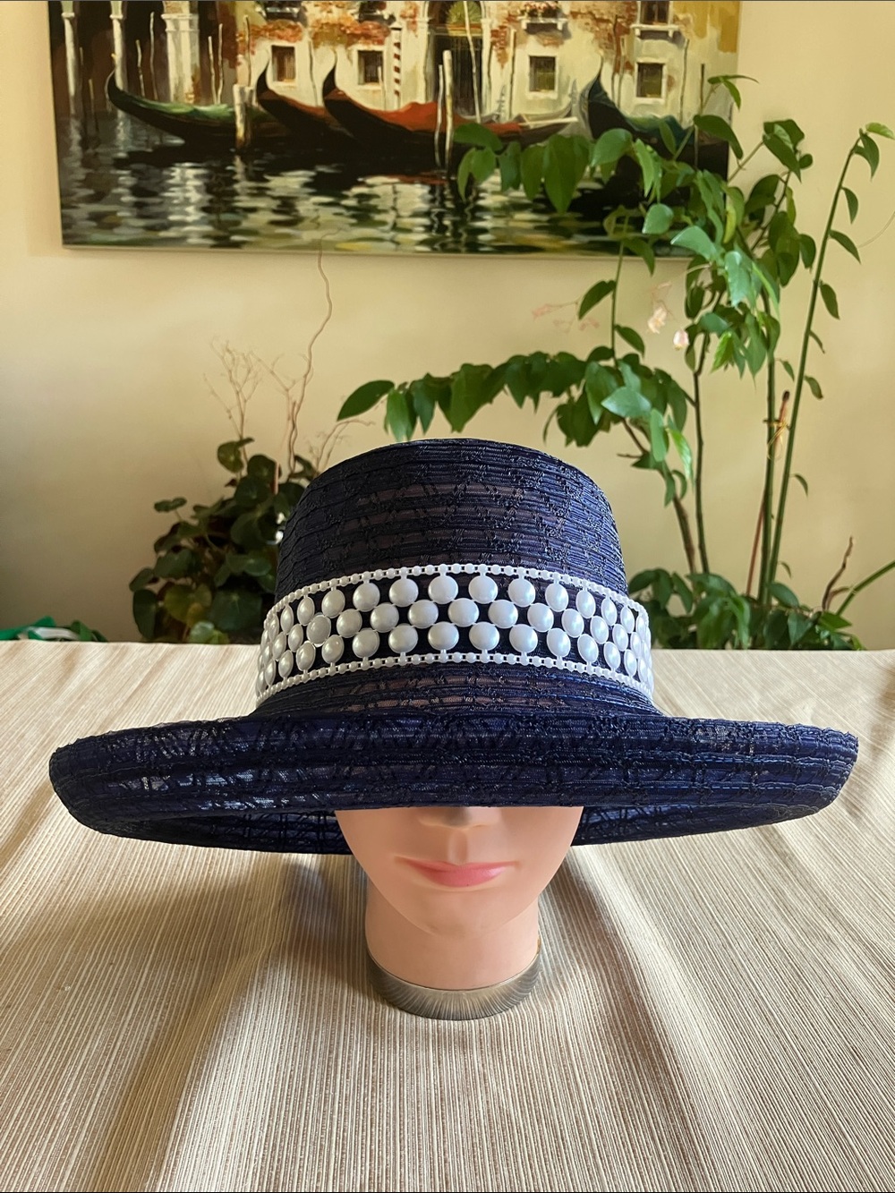 Chic Navy Wide Brim Hat with White Beaded Band